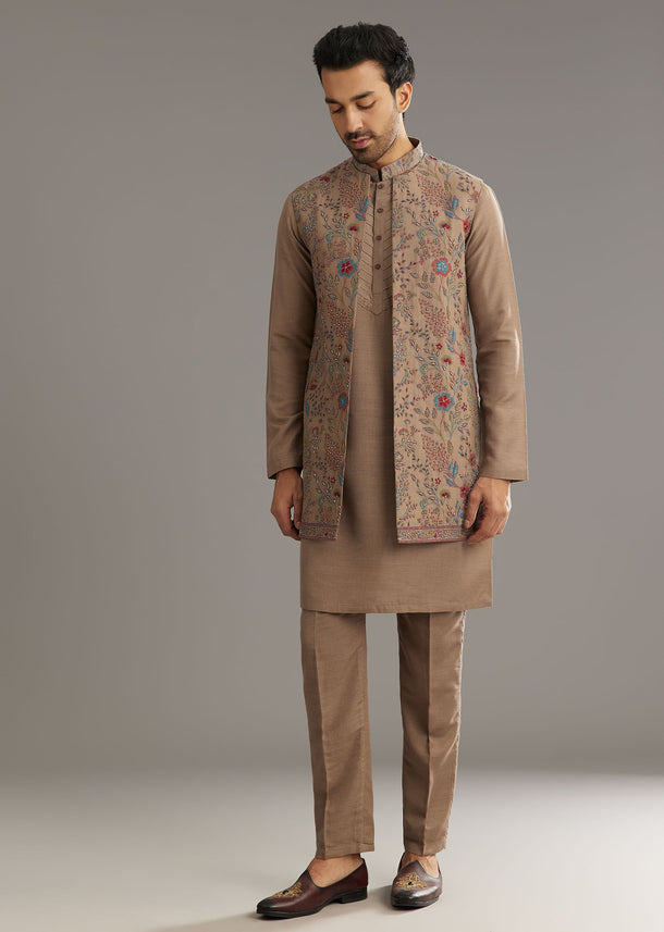 Beige Cotton Silk Kurta Jacket Set With Thread And Bead Work