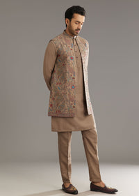 Beige Cotton Silk Kurta Jacket Set With Thread And Bead Work