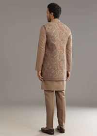 Beige Cotton Silk Kurta Jacket Set With Thread And Bead Work