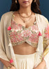 Beige Crop Top Skirt Set With Resham Work And Floral Cape