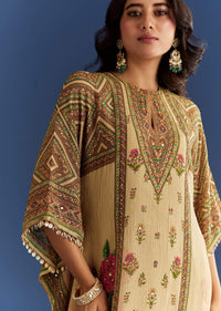 Beige Crush Tissue Floral Printed Kaftaan Sharara With Mirror Sequins Work