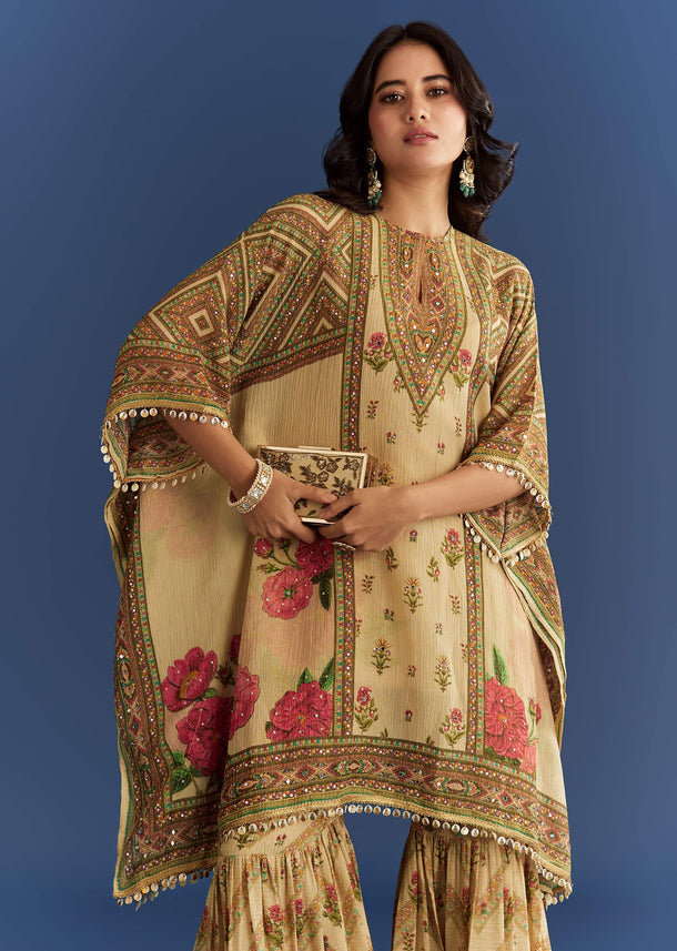 Beige Crush Tissue Floral Printed Kaftaan Sharara With Mirror Sequins Work