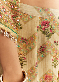 Beige Crush Tissue Floral Printed Kaftaan Sharara With Mirror Sequins Work