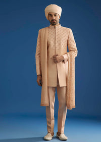 Silver Linen Satin Banarasi Jacket Kurta Set With Hand Embroidery