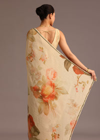 Beige Crushed Abstract Print Saree With Lace Pallu Border