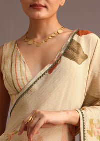 Beige Crushed Abstract Print Saree With Lace Pallu Border