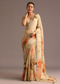 Beige Crushed Abstract Print Saree With Lace Pallu Border