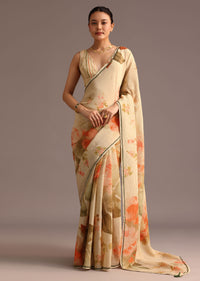 Beige Crushed Abstract Print Saree With Lace Pallu Border