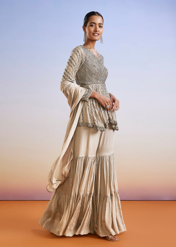 Beige Cut Dana Embroidered Peplum Sharara Suit With Dupatta