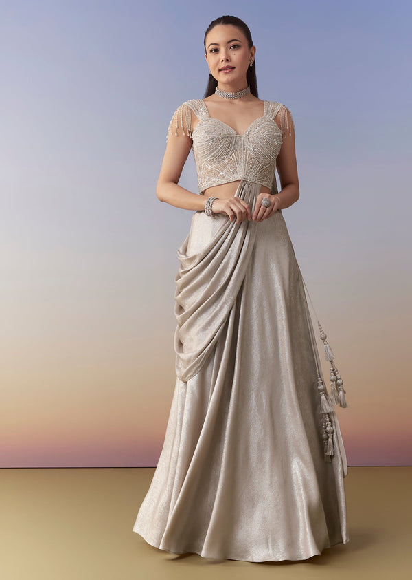 Beige Draped Crop Top Skirt Set with Cutdana Work