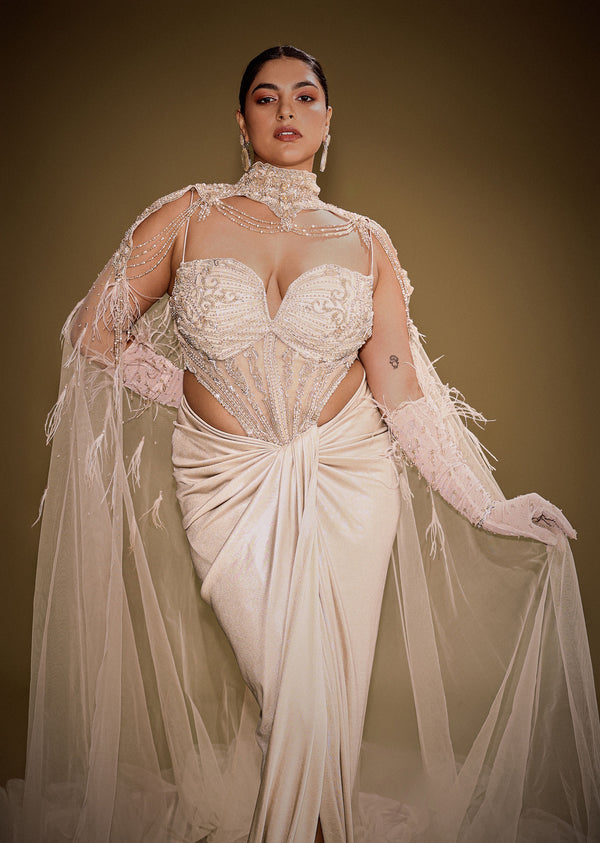 Beige Embroidered Drape Gown With Full Length Embroidered Cape