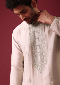 Grey Embroidered Kurta Set In Silk