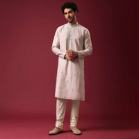 Grey Embroidered Kurta Set In Silk