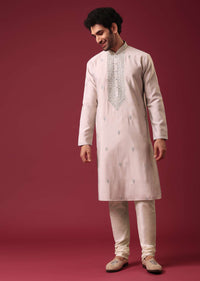 Grey Embroidered Kurta Set In Silk