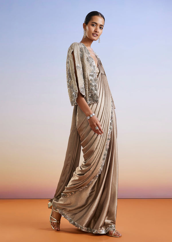Beige Embroidered Ready Pleated Saree With Cape Jacket