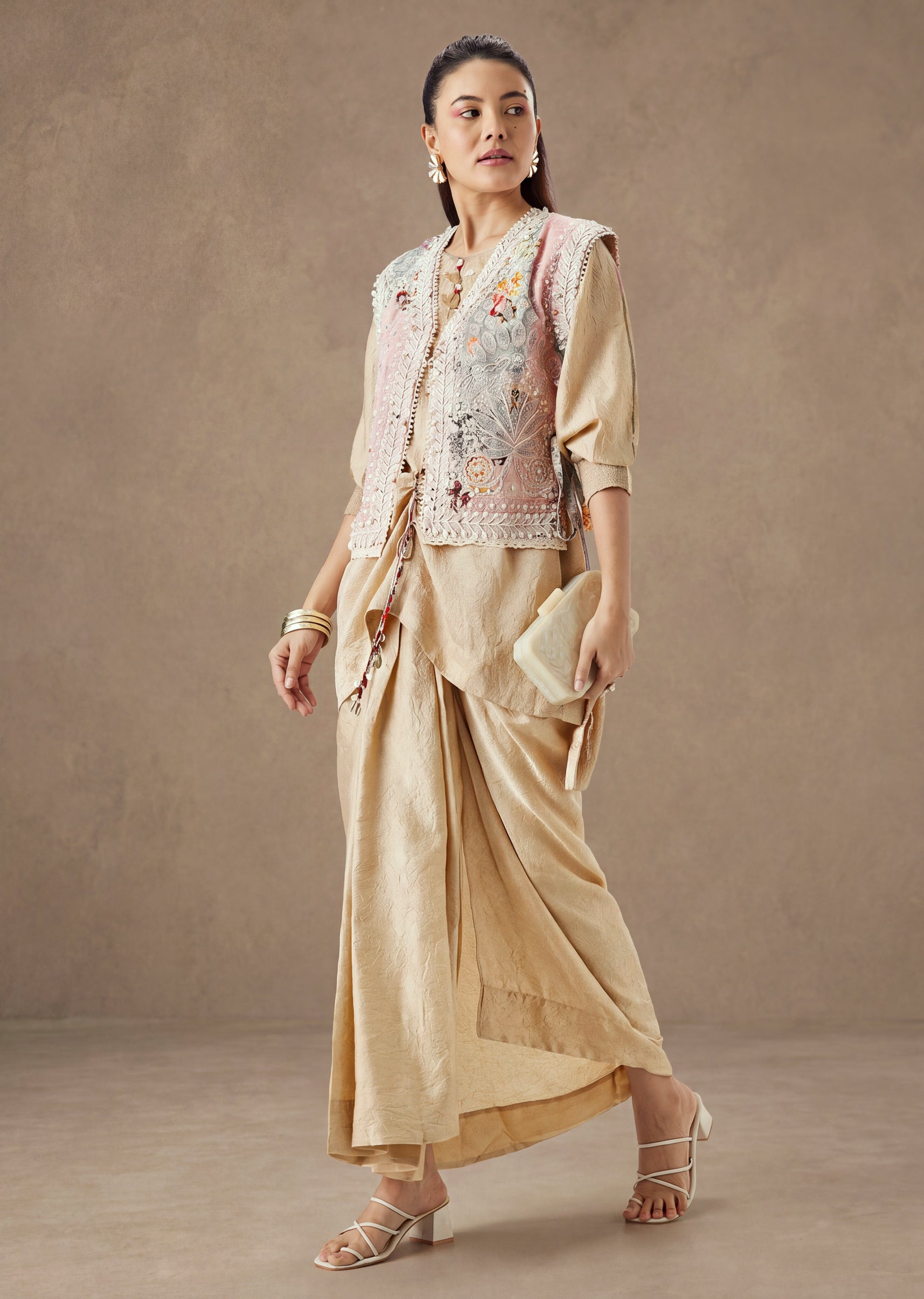 Beige Floral Printed Jacket And Drape Skirt Set