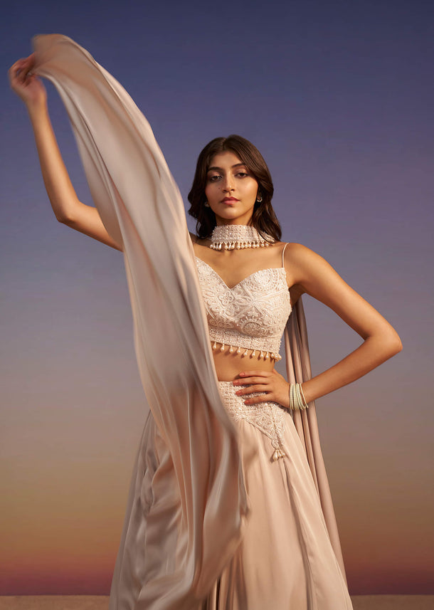 Beige Frill Skirt And Embroidered Blouse Set With Choker Dupatta