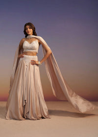 Beige Frill Skirt And Embroidered Blouse Set With Choker Dupatta