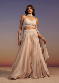 Beige Frill Skirt And Embroidered Blouse Set With Choker Dupatta