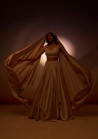 Beige Frill Skirt And Embroidered Blouse Set With Choker Dupatta