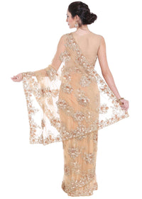 Beige gold saree in net with zari and sequin butti only on Kalki