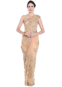 Beige gold saree in net with zari and sequin butti only on Kalki