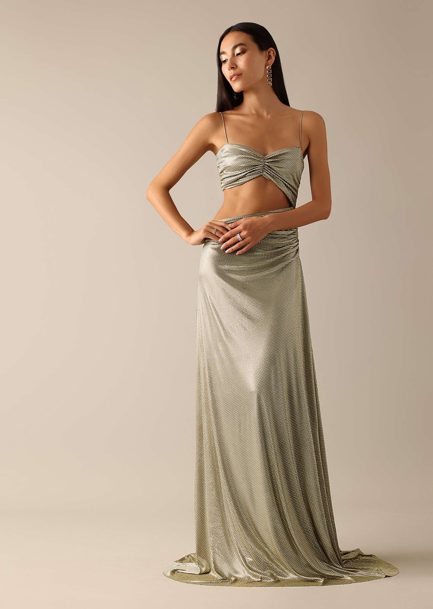 Beige Gown with Waist Cutout And Gathered Bustier