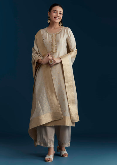Beige Jacquard Weave Tissue Kurta Palazzo Set