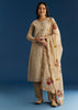 Beige Jamdani Cotton Kurta Set With Thread Work And Block Print Dupatta