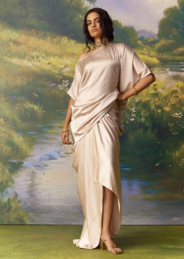 Beige Satin Kaftan Top And Skirt Set With Choker Necklace