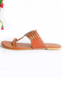 Beige Kolhapuri With Gold Braiding And Gold Rivets By Sole House