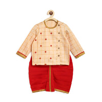 Kalki Boys Beige Kurta And Red Dhoti Set In Cotton With Thread Embroidery Detailing By Tiber Taber