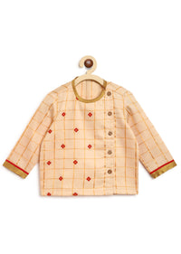 Kalki Boys Beige Kurta And Red Dhoti Set In Cotton With Thread Embroidery Detailing By Tiber Taber