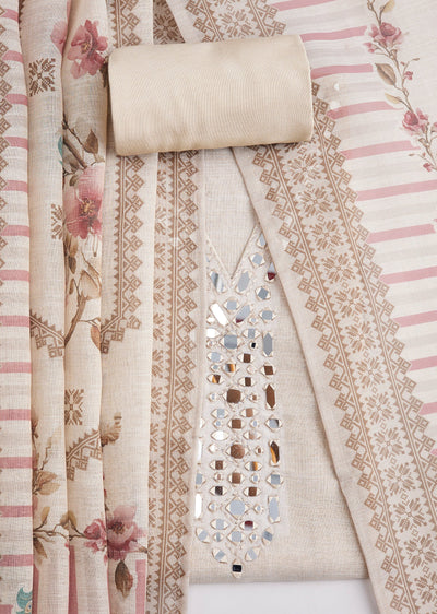 Beige Linen Abla Work Unstitched Suit Set With Dupatta