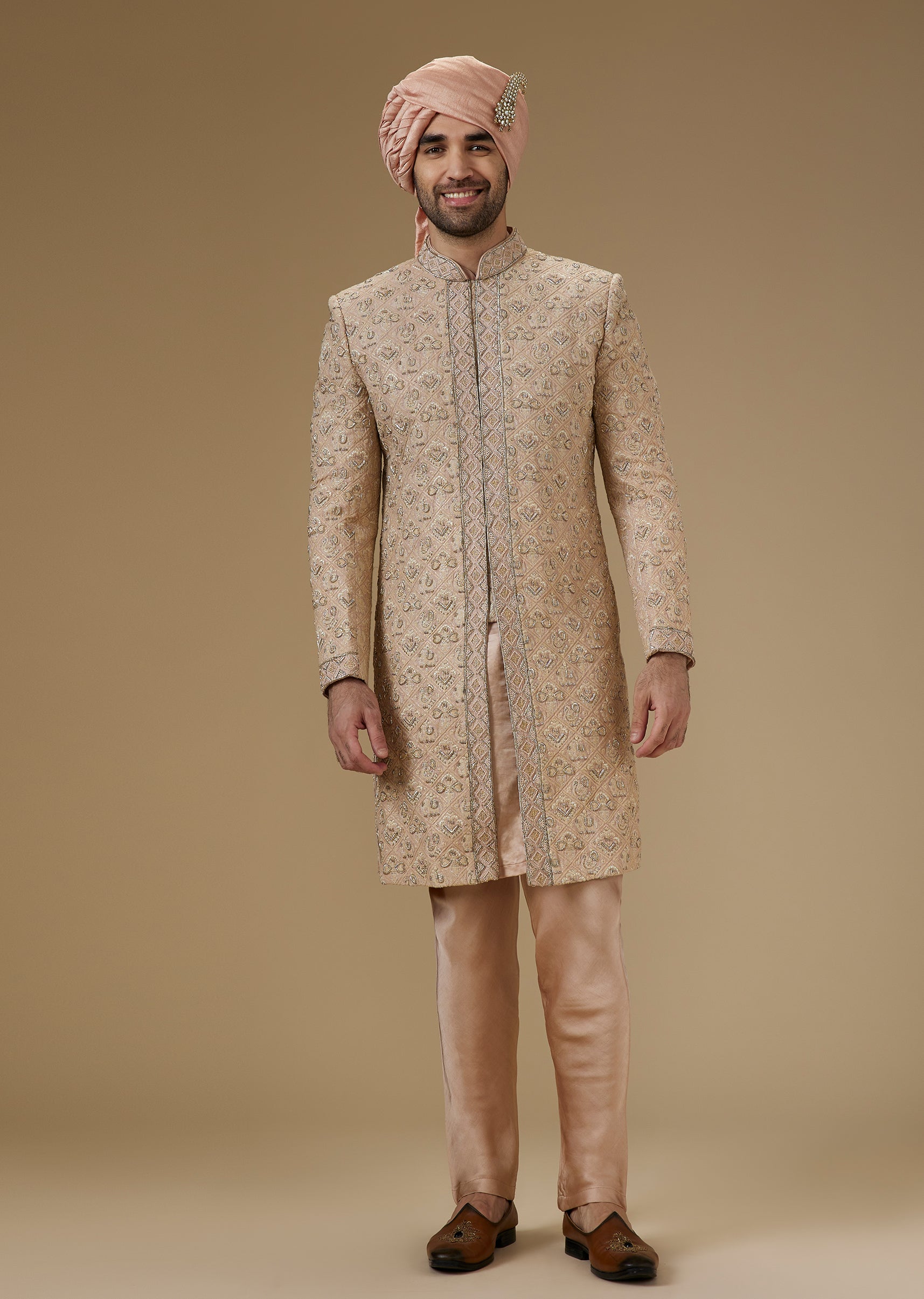 Beige Lucknowi Sherwani With Zardozi And Sequin Work