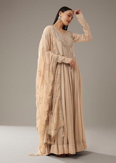 Beige Mirror Embellished Anarkali with Dupatta