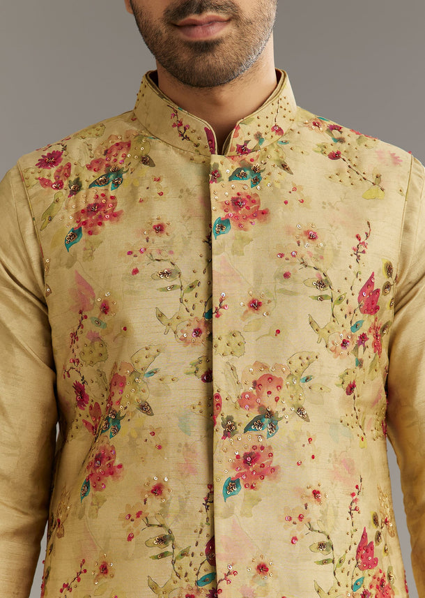 Beige Muslin Kurta Jacket Set With Stone Work