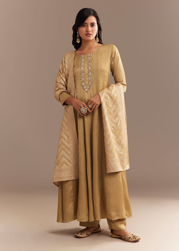 Beige Muslin Mirror Embroidered Kurta Set