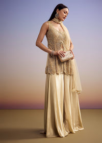 Beige Net Palazzo Suit With Moti And Cut Dana Embroidery