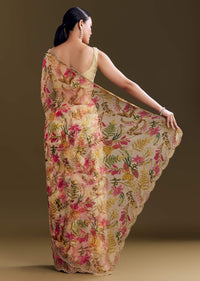 Beige Organza Saree With Beaded Border And Floral Print