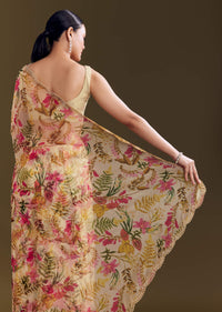 Beige Organza Saree With Beaded Border And Floral Print