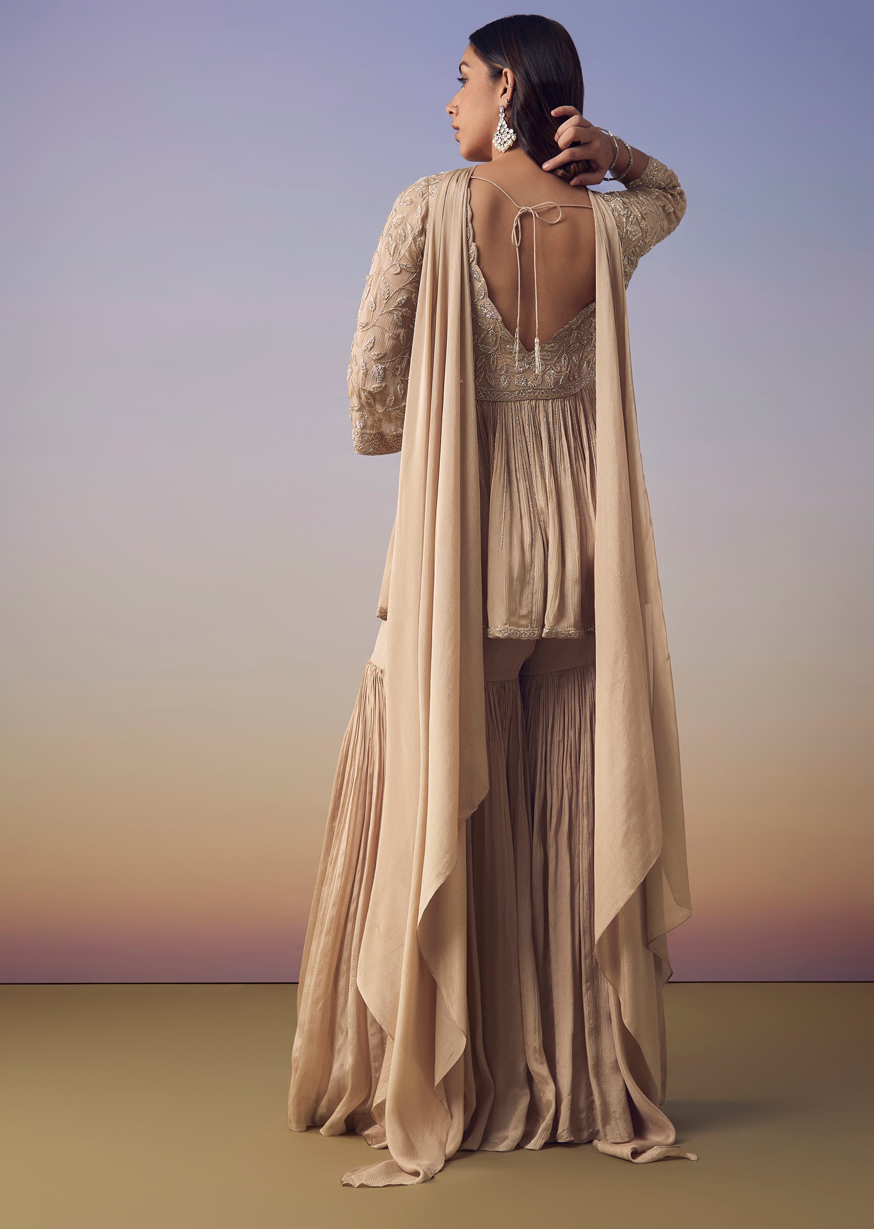 Buy Beige Peplum Kurta Sharara Set | KALKI Fashion UK | KALKI