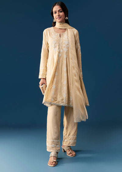 Beige Peplum Pakistani Style Anarkali Suit Thread Work