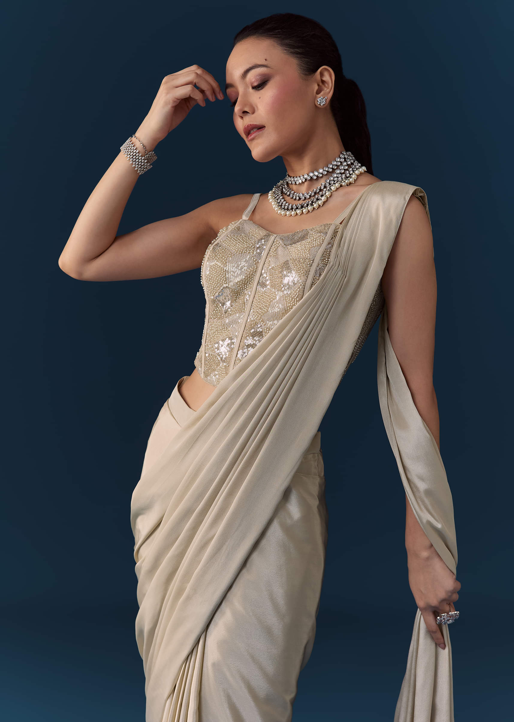 Buy Beige Pre Pleated Saree with Sequin Corset Blouse | KALKI