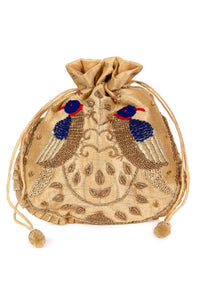 Beige raw silk potli bag in bird motif kalki