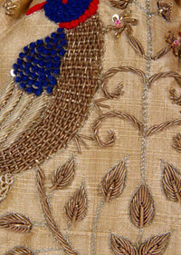 Beige raw silk potli bag in bird motif kalki