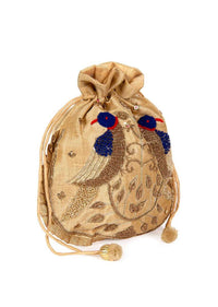 Beige raw silk potli bag in bird motif kalki