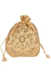 Beige raw silk potli bag in zardosi and sequins butti kalki