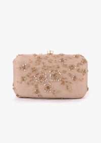 Beige Rounded Box Clutch With Embroidered Net Adorned In Zari And Sequins In Floral Motifs Online - Kalki Fashion