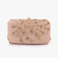 Beige Rounded Box Clutch With Embroidered Net Adorned In Zari And Sequins In Floral Motifs Online - Kalki Fashion